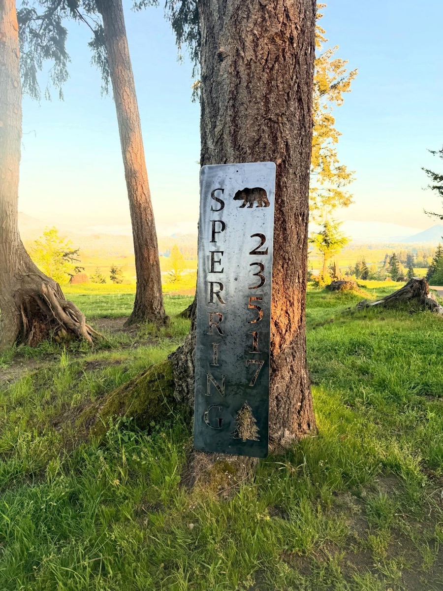 Cut-plate address sign with a bear silhouette in a golden-hour field